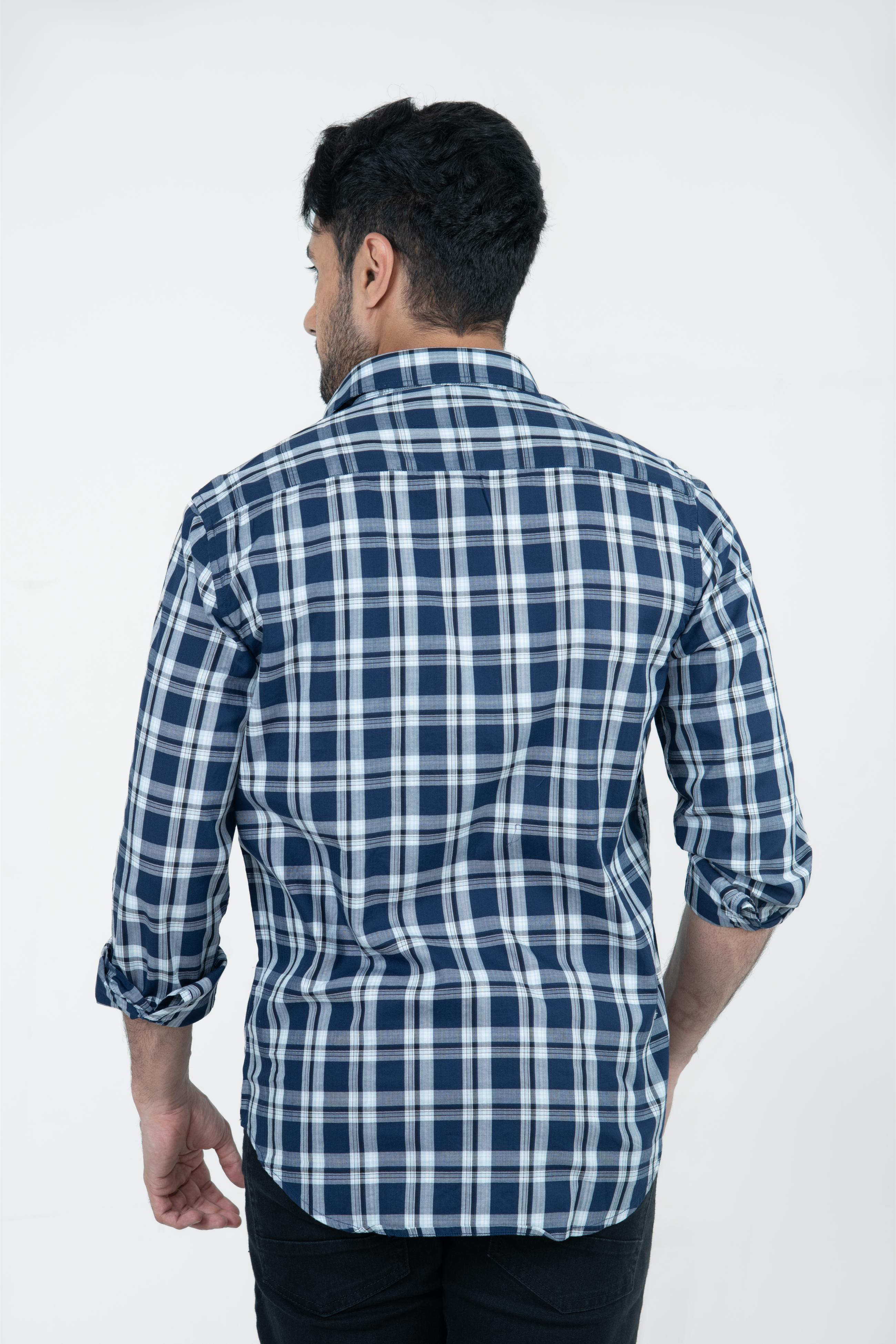 Roman Threads Navy Blue Giza twill Checked Shirt